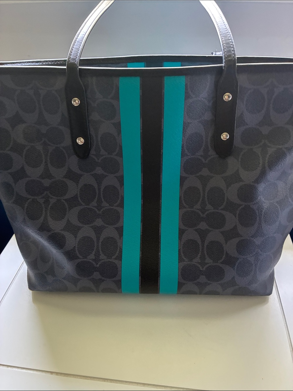 Coach Black Signature Tote with Teal Racing Stripes - Picture 7 of 10